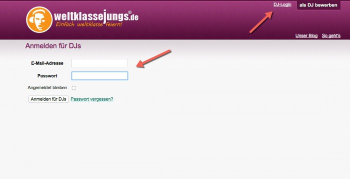 DJ Login Bereich 
